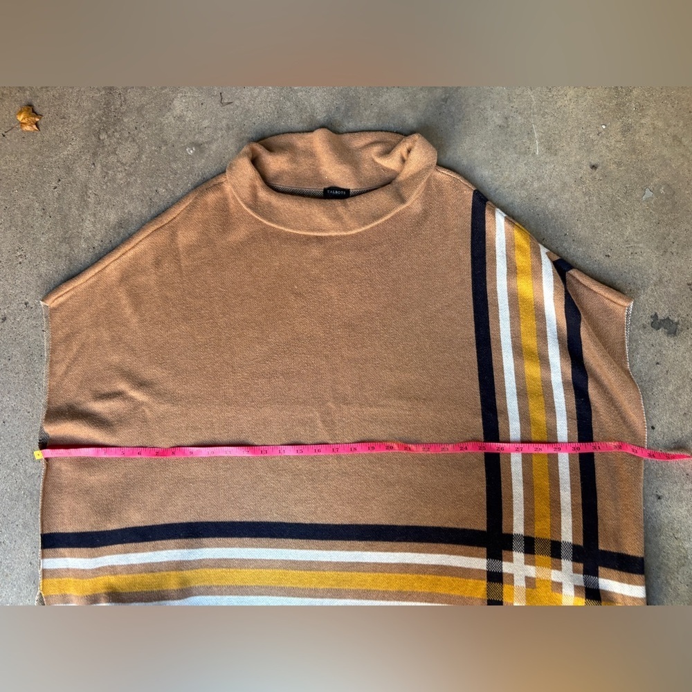 TALBOTS Sabrina poncho sweater preppy classic fall tan navy mustard EUC sz M/L - Picture 12 of 15